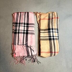 Light Pink & Tan  Checkered  Pashmina Scarf with fringe,‎